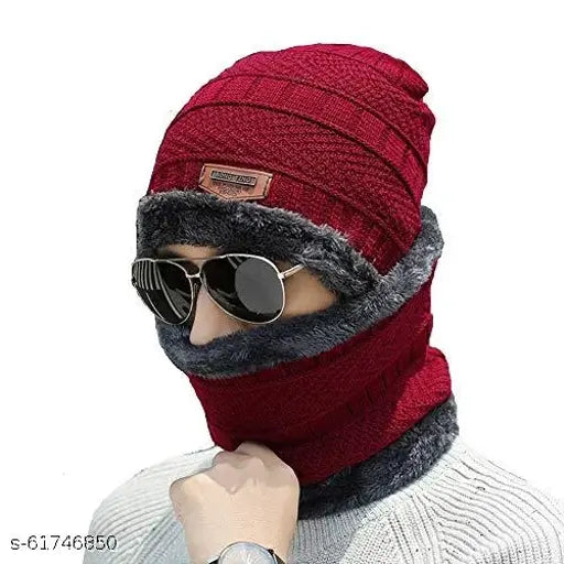 Red knitted unisex beanie cap with neck warmer set, ultra-soft wool design