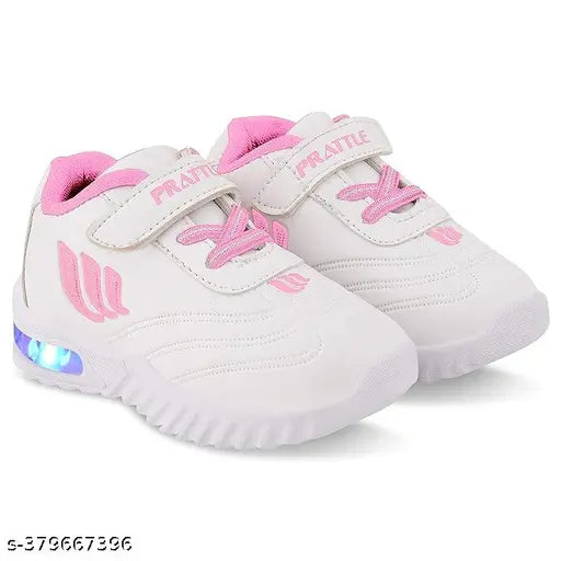 White and pink LED light-up running shoes for kids, featuring a breathable mesh material, comfortable cushioned footbed, and anti-skid sole. Angry Birds character design adds a fun touch to this lightweight, durable, and easy-to-clean shoe