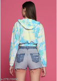 Stretchable tie-dye printed western short hoodie for women, casual travel outfit in vibrant Lycra