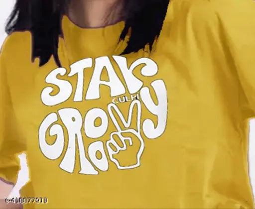 Mustard cotton blend oversized t-shirt with short sleeves, biowash print design, India origin