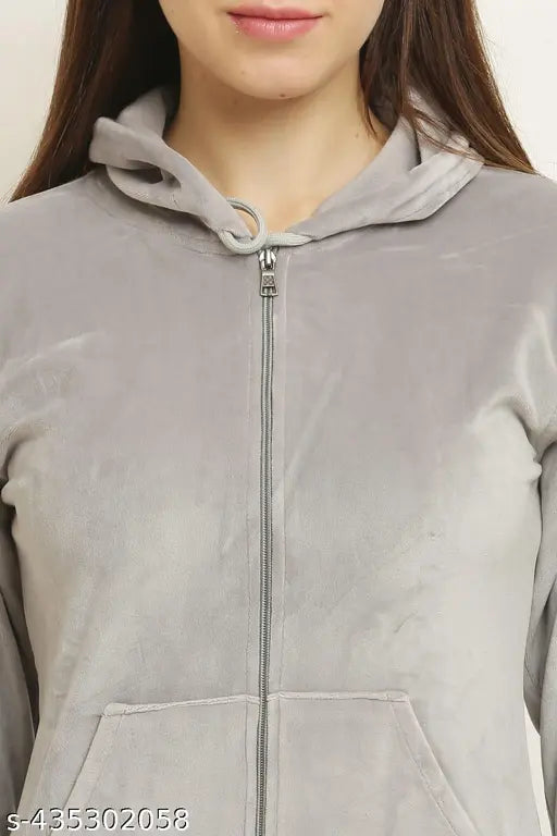 Grey velvet chain hoodie set for women. Soft, elegant, and beautifully structured fit. Best gift for loved ones