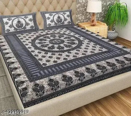 Jaipuri cotton double bedsheet & 2 pillow covers, ethnic motifs on superfine quality summer bedding, India origin