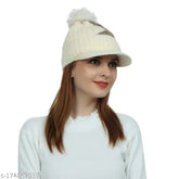 Colorblocked woolen beanie cap, women's & girls' winter soft, snow-proof with pompoms & fur lining - Indian handmade
