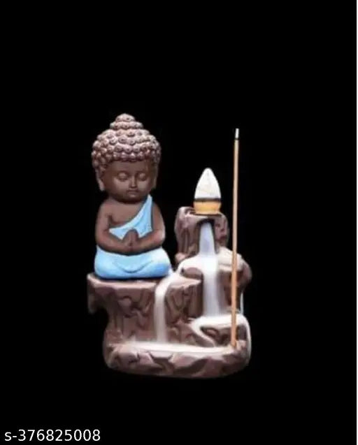Handcrafted PMR Combo Pack of Brown/Blue Backflow Buddha & Orange Lord Buddha Statues, featuring 101 free incense cones, made of durable polyresin material. Indian origin