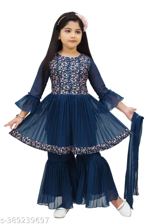 Embroidered Georgette Sharara for Girls - Indian party wear with full sleeves and intricate craftsmanship