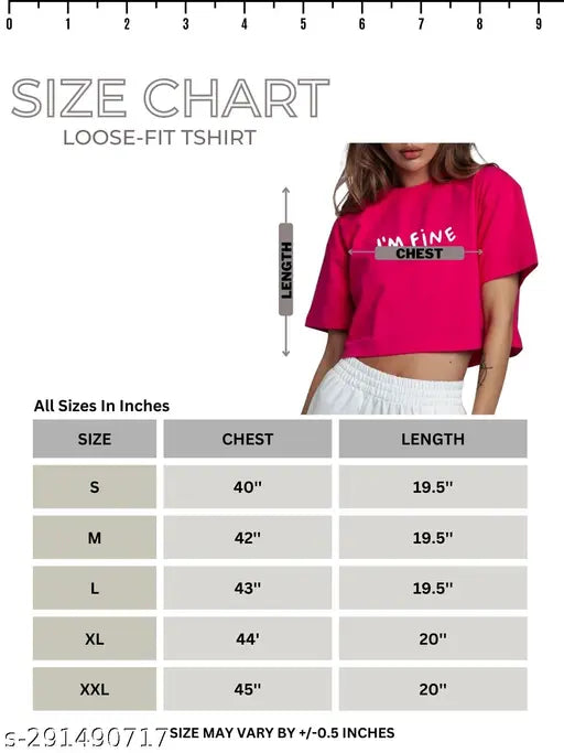 Magenta cotton blend crop top with "I'M FiNE" print, loose fit for women & girls. Unique design for spring and summer fashion