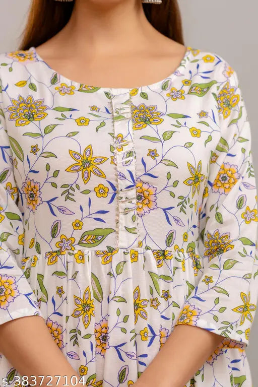 Rayon floral Prociom printed Anarkali kurtis, trendy three-quarter sleeve Indian women's fashion in vibrant print