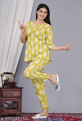 Women's yellow cotton printed night suit top and pyjama coord sets, comfortable loungewear sets for relaxing at home