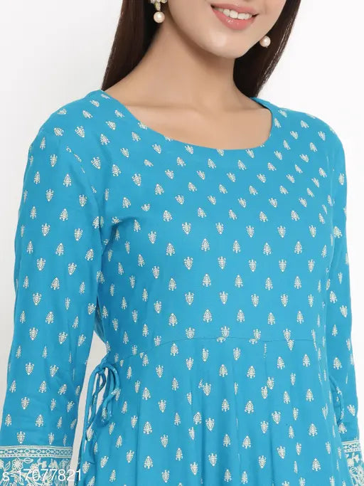 Blue printed rayon Anarkali Kurta with three-quarter sleeves, vibrant Indian traditional women's fashion on mannequin