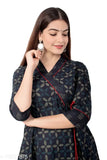 Indigo cotton printed Angrakha kurta for women, three-quarter sleeves, Indian traditional wear