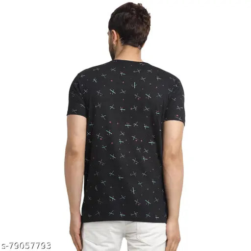 Black round cotton t-shirt, printed design by Vimal Jonney. Ideal for everyday wear with jeans or trousers. Made in India