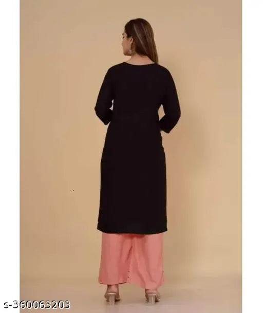 Peach and black embroidered rayon kurta set, traditional ensemble with calf-length print and elegant embellishments