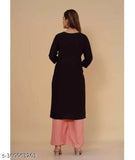 Peach and black embroidered rayon kurta set, traditional ensemble with calf-length print and elegant embellishments