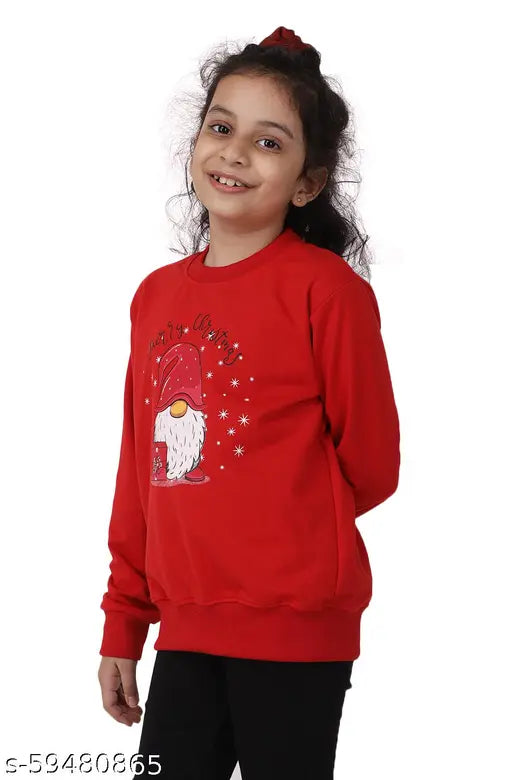 Red cotton blend sweatshirt with Ninos Dreams Christmas Santa printed full sleeves for girls aged 6-14 years, originating from India