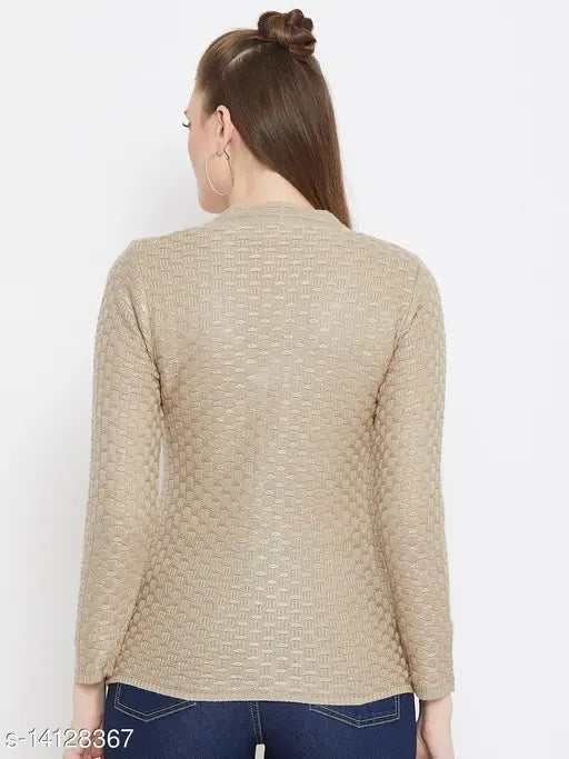 Beige wool self-design cardigan sweater, long sleeves on mannequin