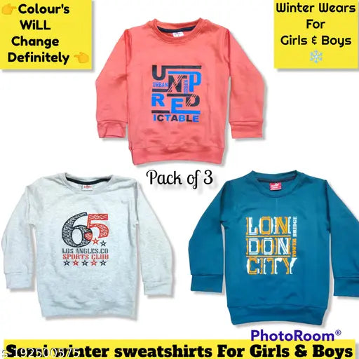 Kids girls winter cotton blend fleece sweatshirt with printed net design, pack of 3 for kids' winter wear. Sizes include 2-3 years (12in bust, 15in length, 10in waist), 3-4 years (13in bust, 16in length, 11in waist), 4-5 years (14in bust, 17in length, 12in waist), 5-6 years (15in bust, 18in length, 13in waist), and 6-7 years (16in bust, 19in length, 14in waist). Made in India
