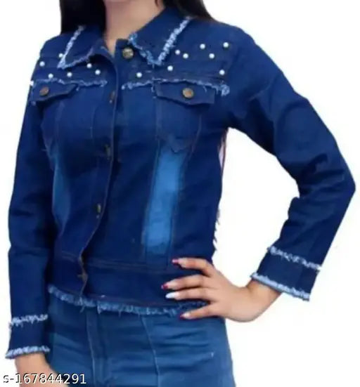 Embellished denim women's jacket, solid indigo long sleeves