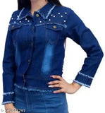 Embellished denim women's jacket, solid indigo long sleeves