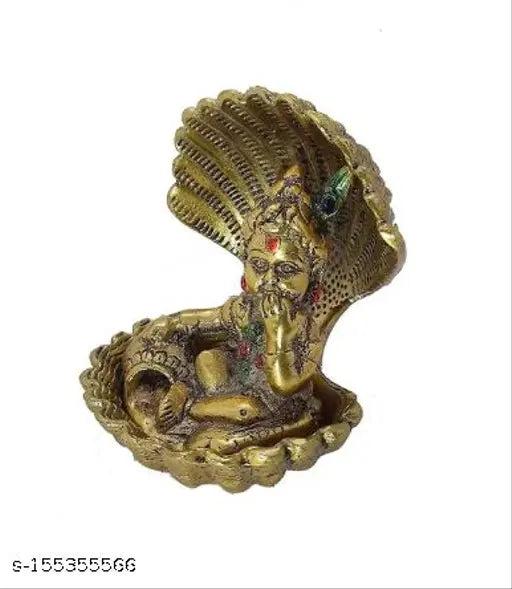 Gold-finished aluminum Krishna Idol Ladoo Gopal cover shesnag for pooja and decorative showcase, Indian origin, size: 8x11x8 cm