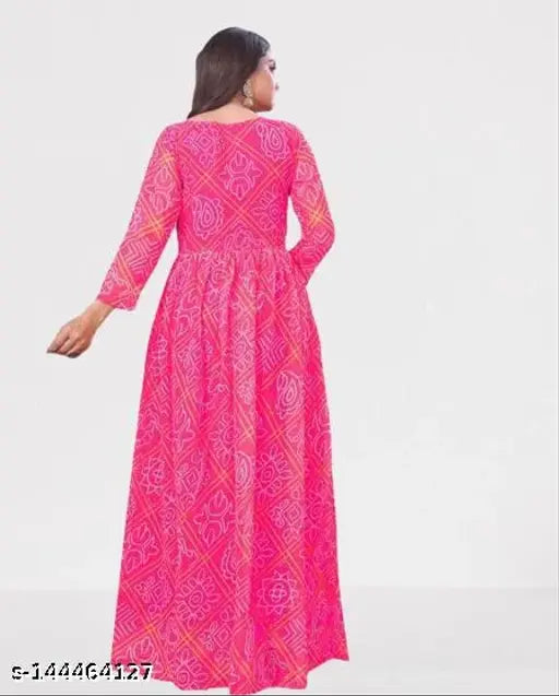 Pink Georgette Bandhini Styles Kurti, long knee-length skater dress for women, printed combo, S-XXXL sizes