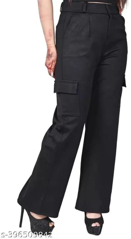 High rise, stretchable cargo pants with slanted inset flap pockets and cream denim fabric, suitable for both casual and formal wear