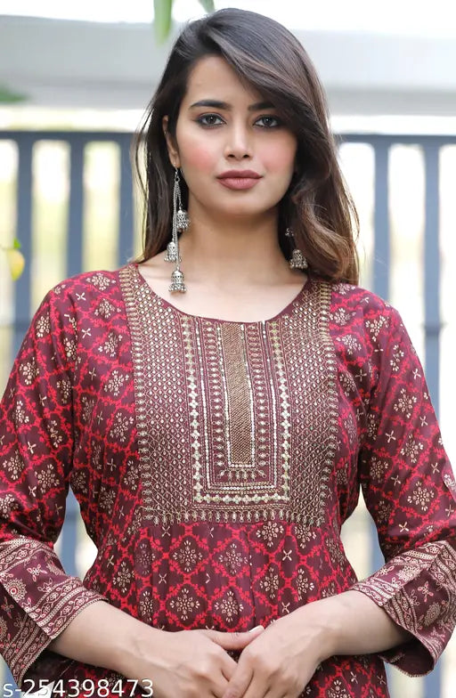 Maroon wine embroidered rayon anarkali kurta for women's casual wear, print detail on hemline