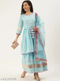 Sky blue solid nylon Kurta sets with Sharara & Dupatta set, cotton blend, three-quarter sleeves, India origin