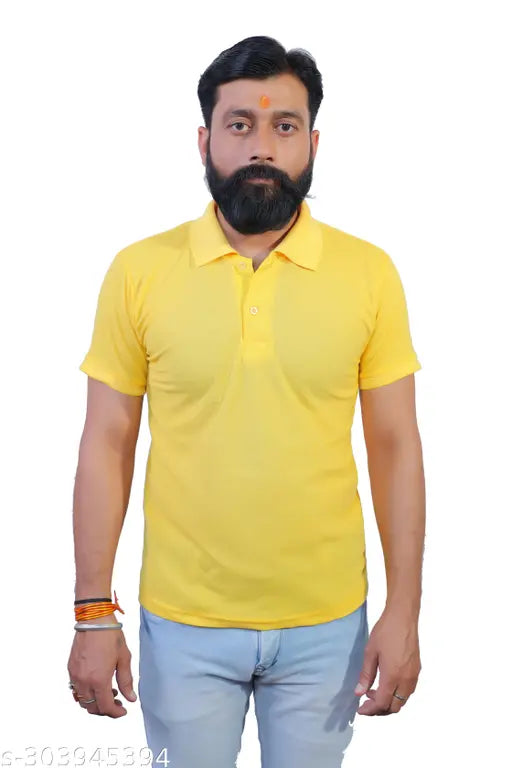 Yellow cotton-blend ME Solid Polo T-Shirt for men, high-quality, lightweight and thin with elastic sleeves, India origin