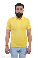 ME Solid Yellow Cotton-Blend Polo T-Shirt for Men, high-quality lightweight design with elastic sleeve stripes