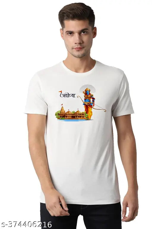 Jai Shree Ram Mandir Print Polyester T-Shirt, India-made Lord Rama T-shirt with printed design, short sleeves, XS (34in chest, 22.5in length), Lycra fabric