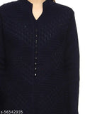 Navy blue embroidered woolen kurti, long-sleeved women's outfit. XL size. Handcrafted Indian fashion