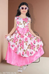 Trendy Silk Sleeveless Gown with Digital Print (Pink), perfect for ethnic wear and festive occasions, available in various sizes from 2-11 years old