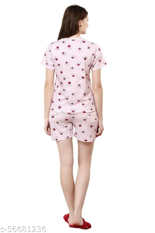 Pink cotton printed mocha shorts set for women, perfect nightsuit - India
