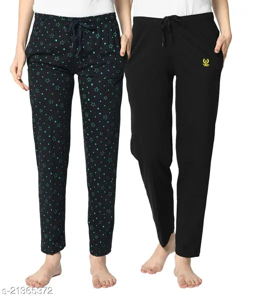 Cotton blend printed net straight black pyjamas and lounge pants set for women by Vimal Jonney (Pack of 2), Indian origin