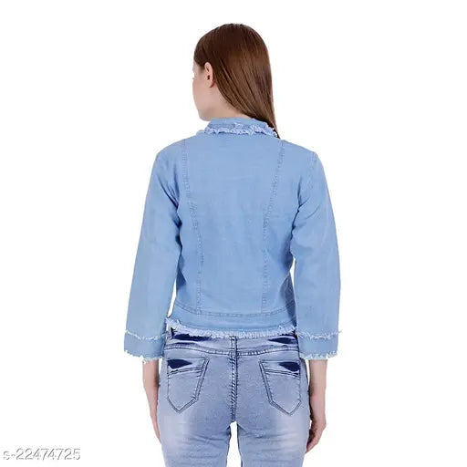 Denim petite women's ethnic jacket, solid color and long sleeves from Jivika, India-made fashion for size S, M, L, XL