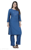 Rayon embroidered straight kurta palazzo set, traditional fusion clothing with printed net pattern, three-quarter sleeves, perfect for M, L, XL, XXL sizes