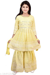 Embroidered A-line palazzo set, cotton ethnic wear for girls aged 4-12, Indian traditional dress with dupatta on display