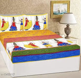 Rajasthani kathputli print cotton double bed sheets & pillow covers, vibrant folk art design from India