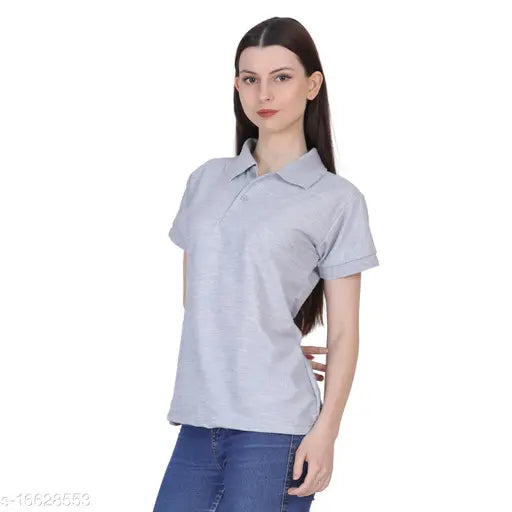 Grey cotton blend poloneck t-shirt for women on hanger
