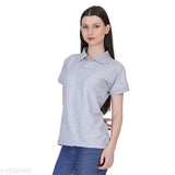 Grey cotton blend poloneck t-shirt for women on hanger
