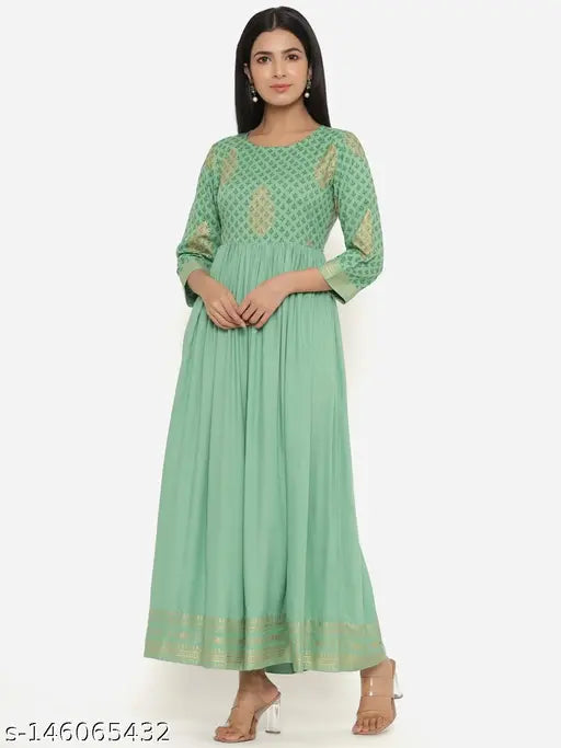 Green rayon Anarkali Kurta with embroidered gold print, perfect for parties and casual occasions. Full length, XS (32in bust, 52in size length). Indian brand assurance and authenticity