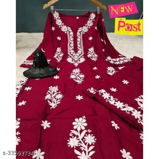 Rayon 2pc Set, embroidered net kurta with palazzos, Indian chikankari machine work on display