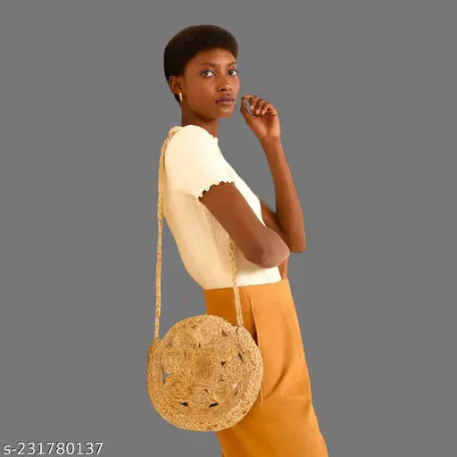 Beige jute handbag, 10" diameter, secure zip closure, eco-friendly ladies sling bag - ideal gift for various occasions
