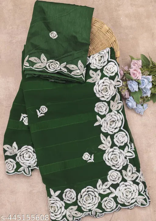 Radiant floral sequinned Georgette sari with embellished blouse, traditional Indian bridal wear for special occasions