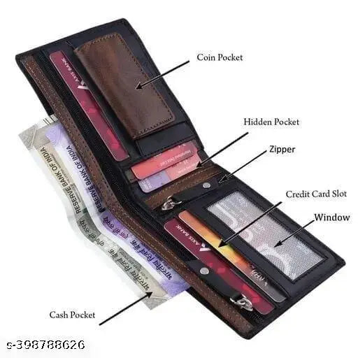 Black faux leather Wallet Loscco 07 with two compartments, free size dimensions: 12 cm x 10 cm, made in India