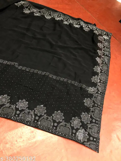 Georgette silk black saree with heavy diamond work, contrast blouse - Indian bridal wear featuring beautiful border and embellished net pattern