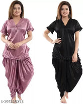 Soft, satin Women's night suit combo pack (2 sets), trending Indian Patiala design with dhoti kurta, perfect for working from home
