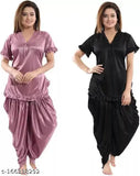Soft, satin Women's night suit combo pack (2 sets), trending Indian Patiala design with dhoti kurta, perfect for working from home