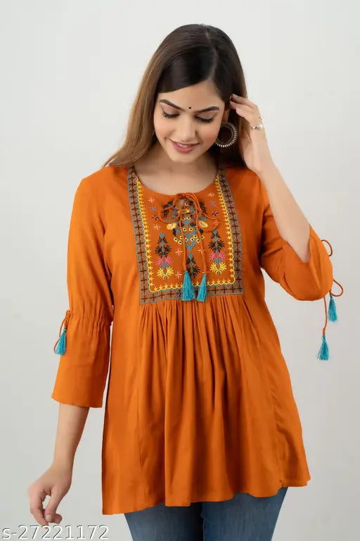 Rayon three-quarter sleeve embroidered net women's top, XS-XXXL, India origin