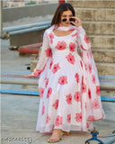 Georgette stitched anarkali gown full Amrela flayer with dupatta, printed net women's gown with short sleeves, size range from S to XXL, origin India